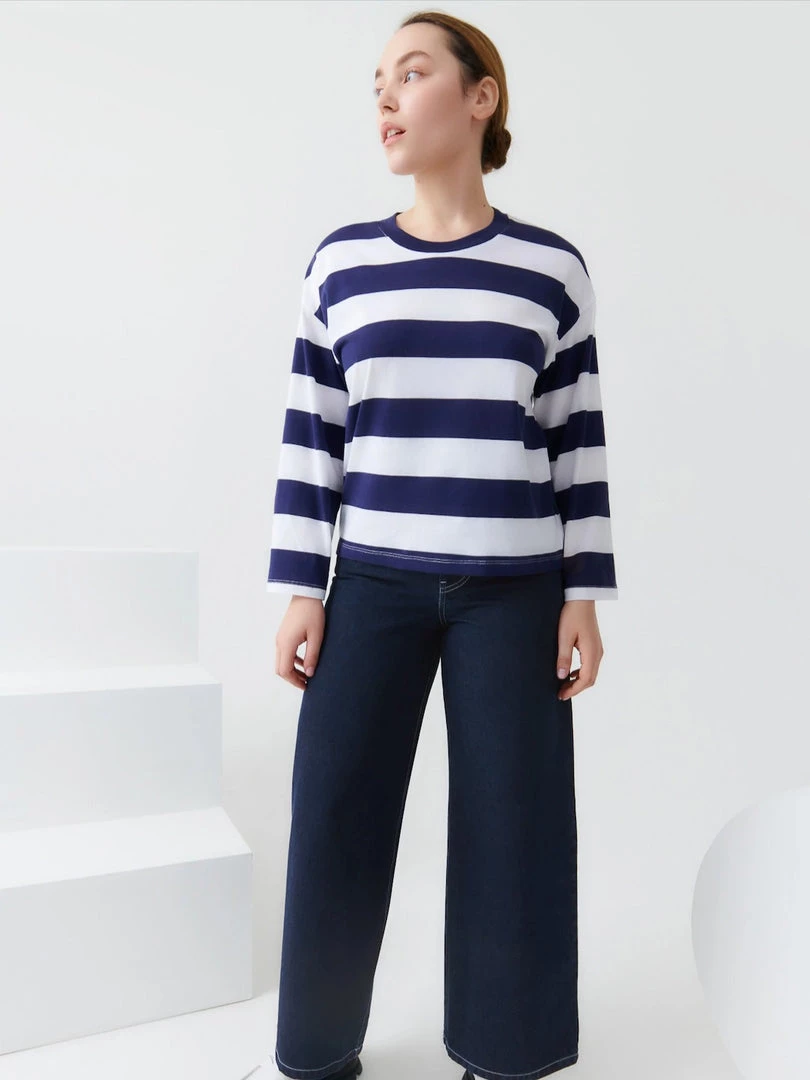 Kowtow Boxy Long Sleeve Top - Navy White Stripe EOS Sale* 1 Kowtow Boxy Long Sleeve Top - Navy White Stripe EOS Sale*