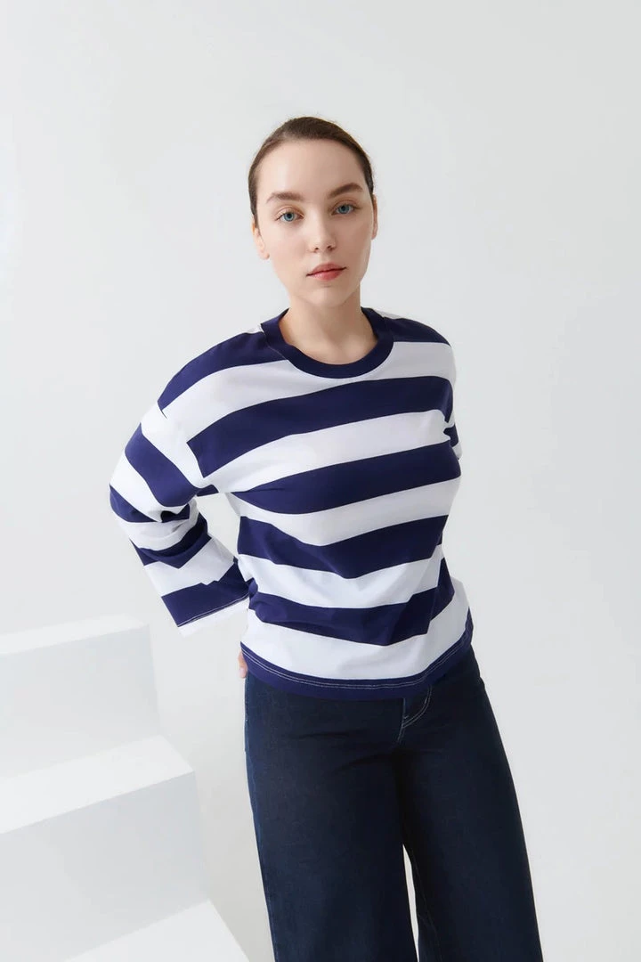 Kowtow Boxy Long Sleeve Top - Navy White Stripe EOS Sale* 3 Kowtow Boxy Long Sleeve Top - Navy White Stripe EOS Sale*