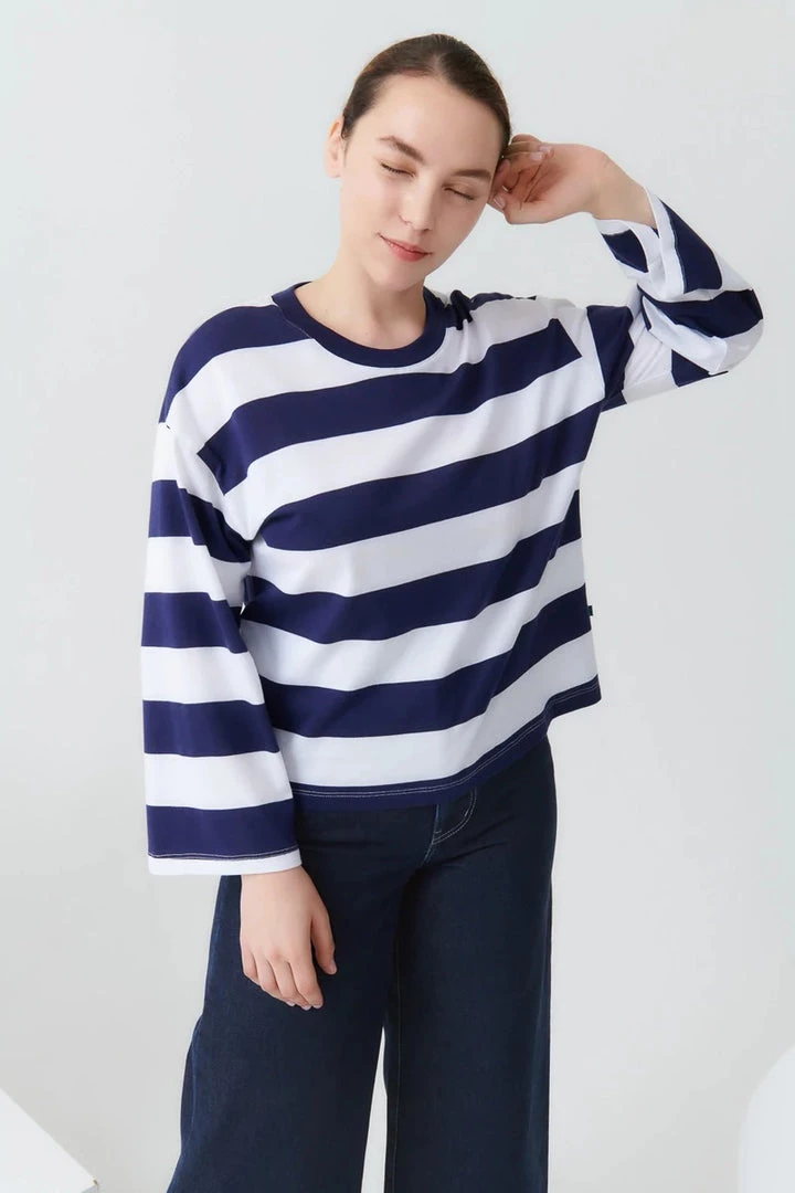 Kowtow Boxy Long Sleeve Top - Navy White Stripe EOS Sale* 2 Kowtow Boxy Long Sleeve Top - Navy White Stripe EOS Sale*