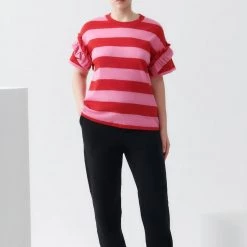Kowtow EOS Sale* Frill Sleeve Tee – Red Pink Stripe