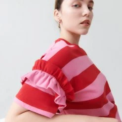 Kowtow EOS Sale* Frill Sleeve Tee – Red Pink Stripe