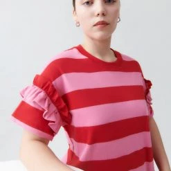 Kowtow EOS Sale* Frill Sleeve Tee – Red Pink Stripe