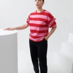 Kowtow EOS Sale* Frill Sleeve Tee – Red Pink Stripe