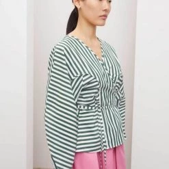 Kowtow Sculptured Wrap Top - Green & White Stripe