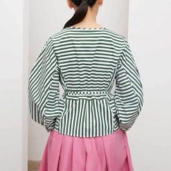 Kowtow Sculptured Wrap Top - Green & White Stripe