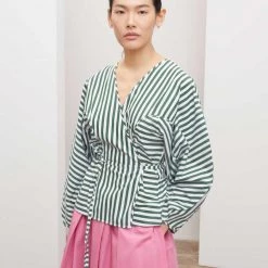Kowtow Sculptured Wrap Top - Green & White Stripe
