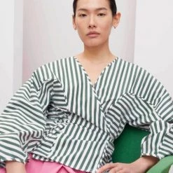 Kowtow Sculptured Wrap Top - Green & White Stripe