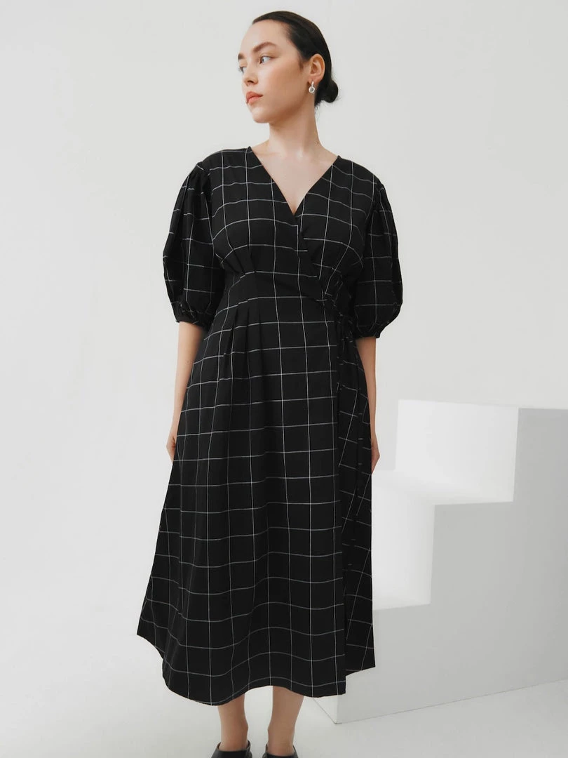 Kowtow EOS Sale* Etel Wrap Dress – Black Grid 1 Kowtow EOS Sale* Etel Wrap Dress – Black Grid