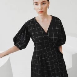 Kowtow EOS Sale* Etel Wrap Dress – Black Grid 9 Kowtow EOS Sale* Etel Wrap Dress – Black Grid