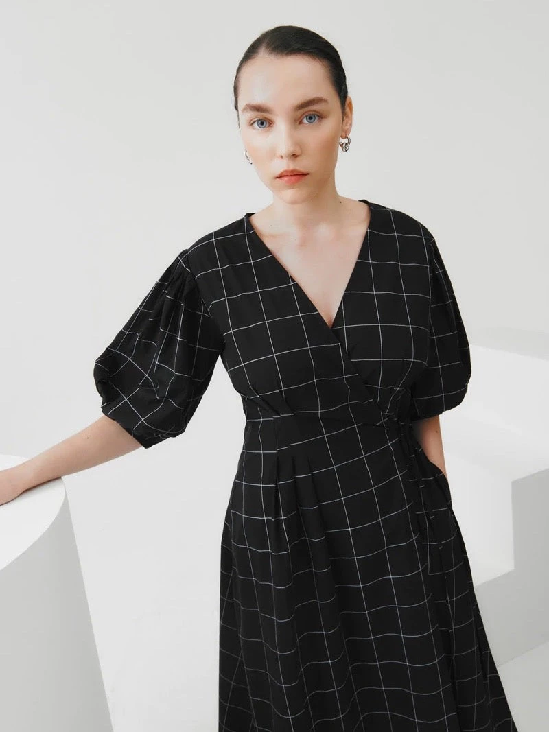 Kowtow EOS Sale* Etel Wrap Dress – Black Grid 3 Kowtow EOS Sale* Etel Wrap Dress – Black Grid