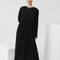 Kowtow Long Sleeve Gather Dress – Black EOS Sale*