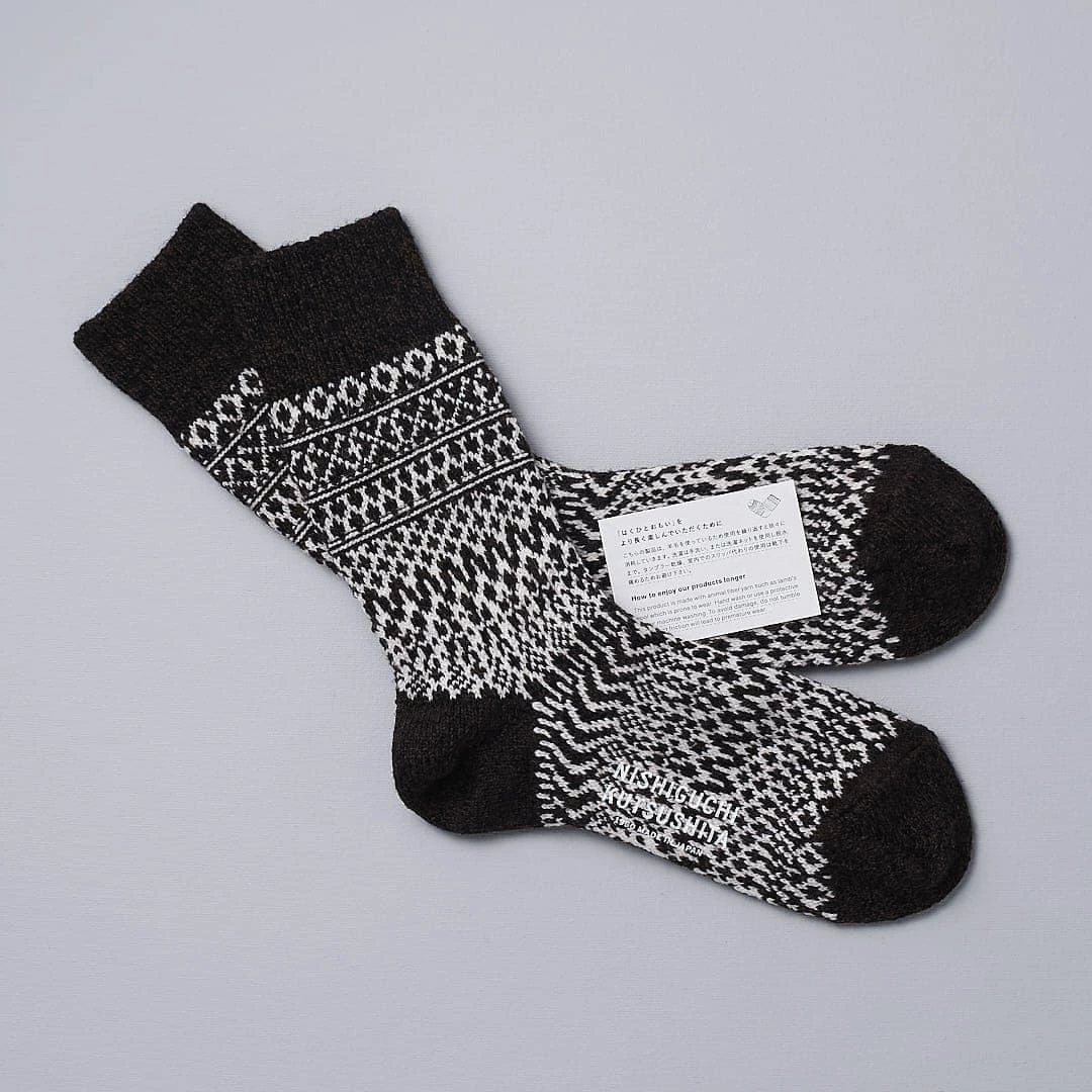 Nishiguchi Kutsushita Wardrobe Oslo Wool Jacquard Socks – Coffee 6 Nishiguchi Kutsushita Wardrobe Oslo Wool Jacquard Socks – Coffee